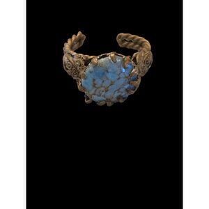 Vintage Bronze Adjustable Ring With Turquoise Stone & Ornate Scrollwork Design